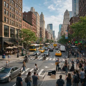 A busy city intersection with cars, pedestrians, and street performers all in one frame. - Bytedance Seedream 5.0 Pro