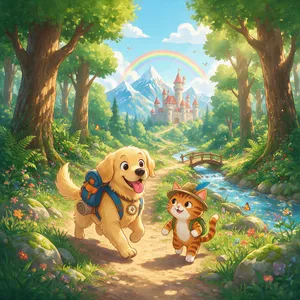 A cartoon of a cat and a dog on an adventure, drawn in a colorful 2D style. - Bytedance Seedream 5.0 Pro