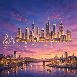 A city skyline that forms the shape of musical notes on a staff, created in a stylized graphic design aesthetic with clean architectural lines and dramatic twilight colors. - Bytedance Seedream 5.0 Pro