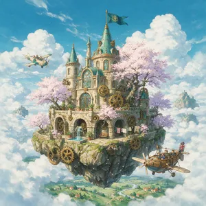 A floating steampunk castle in the sky with intricate mechanical gears and cherry blossom trees, illustrated in Hayao Miyazaki's Castle in the Sky (1986) art style with watercolor textures and detailed line work. - Bytedance Seedream 5.0 Pro