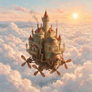 A flying castle floating in clouds at sunrise. Match the visual aesthetic of 'Howl's Moving Castle' by Studio Ghibli, with Miyazaki's blend of steampunk elements and fantasy. - Bytedance Seedream 5.0 Pro