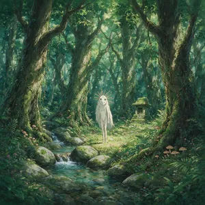 A forest spirit standing among tall trees. Replicate the artistic style of 'Princess Mononoke' by Studio Ghibli, with Miyazaki's detailed environments and mystical creature design. - Bytedance Seedream 5.0 Pro