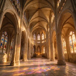 A Gothic cathedral interior at sunset with light streaming through detailed stained glass windows, creating colored patterns on stone floors and columns. Show accurate ribbed vaulting. - Bytedance Seedream 5.0 Pro