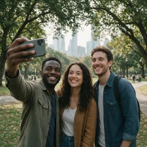 A group selfie of three friends of different ethnic backgrounds smiling at the camera. - Bytedance Seedream 5.0 Pro