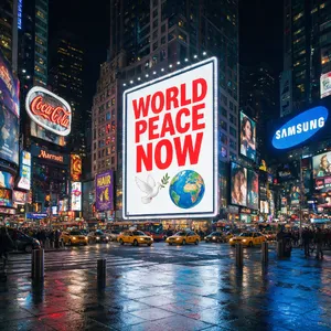 A large storefront billboard at Times Square displaying the slogan “WORLD PEACE NOW” in bold, clear letters, amidst a vibrant cityscape at night. - Bytedance Seedream 5.0 Pro