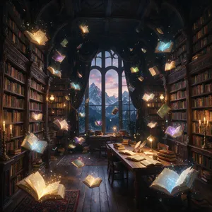A library where the books are glowing and floating in mid-air, illustrated in a magical realism style with dramatic lighting and rich atmospheric colors. - Bytedance Seedream 5.0 Pro