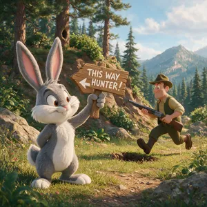 A Looney Tunes-inspired cartoon scene of a clever rabbit tricking a hunter. - Bytedance Seedream 5.0 Pro
