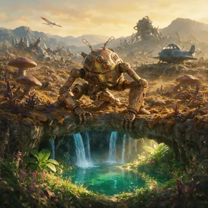 A mechanical creature in a polluted landscape. Capture the visual aesthetic of 'Nausicaä' by Studio Ghibli, with Miyazaki's mechanical designs and environmental contrast. - Bytedance Seedream 5.0 Pro