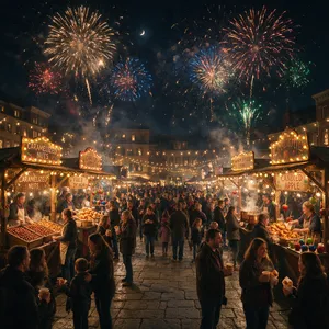 A nighttime festival with fireworks in the sky, food stalls lined up, and crowds mingling. - Bytedance Seedream 5.0 Pro
