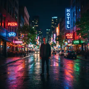 A nighttime portrait of a man lit by neon signs on a city street. - Bytedance Seedream 5.0 Pro