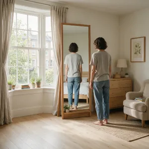 A person standing before a mirror, with their front and reflected back both visible. - Bytedance Seedream 5.0 Pro