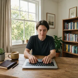 A person typing on a laptop keyboard, showing both hands on the keys. - Bytedance Seedream 5.0 Pro