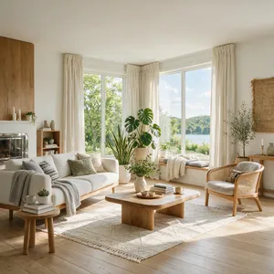 A photorealistic interior of a modern Scandinavian-style living room with natural light streaming through floor-to-ceiling windows. Show detailed wood textures, fabric materials, and proper light reflections. - Bytedance Seedream 5.0 Pro
