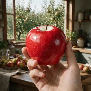 A realistic photo of a hand holding a red apple, with all fingers clearly visible. - Bytedance Seedream 5.0 Pro