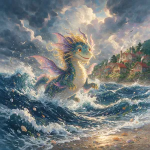 A sea creature rising from a stormy ocean near a village. Replicate the visual style of 'Ponyo' by Studio Ghibli, with Miyazaki's fluid water animations and vibrant creatures. - Bytedance Seedream 5.0 Pro