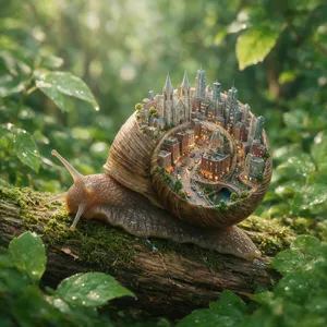 A snail whose shell contains a miniature city skyline, depicted in a hyperrealistic macro photography style with intricate architectural details and ambient lighting. - Bytedance Seedream 5.0 Pro