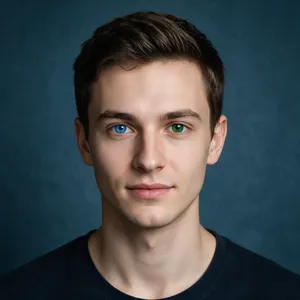 A studio headshot of a young man with one blue eye and one green eye (heterochromia). - Bytedance Seedream 5.0 Pro