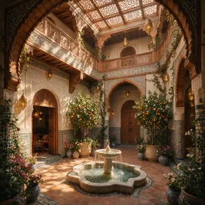 A traditional Moroccan riad courtyard with detailed zellige tilework, flowing fountain, citrus trees, and ornate woodwork. Morning light casting intricate shadow patterns. - Bytedance Seedream 5.0 Pro