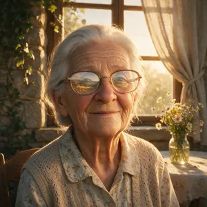 A ultra high-resolution portrait of an elderly woman with silver hair and bifocal glasses, each lens reflecting a distant landscape, captured in warm late-afternoon sunlight - Bytedance Seedream 5.0 Pro