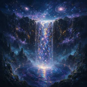 A waterfall that pours out stars and galaxies instead of water, illustrated in a cosmic fantasy style with vibrant space colors and dramatic lighting effects. - Bytedance Seedream 5.0 Pro