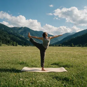 A yoga practitioner in a complex pose, arms and legs fully extended (full-body view). - Bytedance Seedream 5.0 Pro