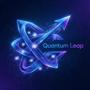 Abstract geometric logo for tech startup 'Quantum Leap', evoking connection & speed, vibrant blue/purple gradient, sharp angles. 'Quantum Leap' as text contained in logo. - Bytedance Seedream 5.0 Pro