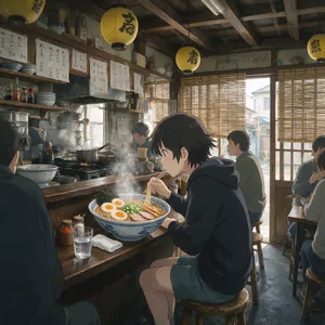 An anime scene of a character eating ramen at a small shop counter (slice-of-life style). - Bytedance Seedream 5.0 Pro