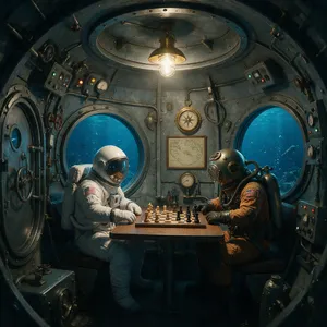 An astronaut and a deep-sea diver playing chess together inside a submarine. - Bytedance Seedream 5.0 Pro