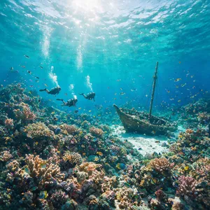An underwater scene with scuba divers exploring a coral reef alongside colorful fish and a sunken ship. - Bytedance Seedream 5.0 Pro