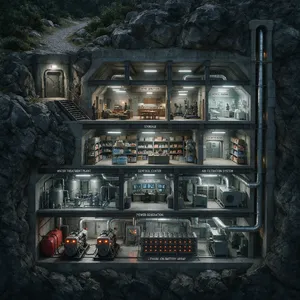 Cross-section rendering of a multi-level underground bunker with different functional areas, structural support systems, ventilation, and power generation facilities visible. - Bytedance Seedream 5.0 Pro