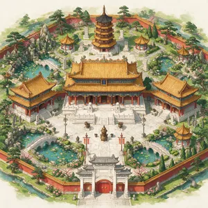 Isometric architectural illustration of an ancient Chinese temple complex showing multiple pavilions, gardens, and ceremonial spaces. Include proper roof structures and traditional ornamentation. - Bytedance Seedream 5.0 Pro