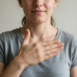 Photorealistic close-up portrait of a person clearly performing the American Sign Language gesture for 