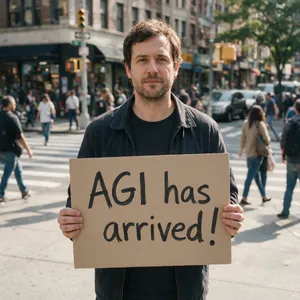 Photorealistic daytime street photograph, clearly showing a man standing still on a busy urban street corner holding a rectangular cardboard sign clearly facing camera, handwritten bold black marker text clearly readable as 