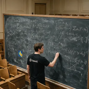 Photorealistic depiction of a man wearing a clearly visible black OpenAI-branded T-shirt. He is standing at the front of a university lecture hall, writing complex mathematics and AI-related equations across a large, dusty chalkboard filled with notation - Bytedance Seedream 5.0 Pro
