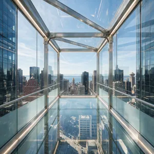 Photorealistic rendering of a contemporary glass skybridge between two skyscrapers, seen from inside with city views visible through glass walls and floor. Show accurate reflections and structural details. - Bytedance Seedream 5.0 Pro