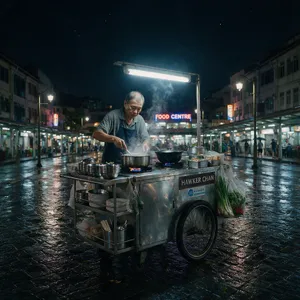Rain-slicked Singapore street, 3 AM. A lone elderly hawker cleans his cart under one flickering fluorescent light. Steam rises gently. Low-angle shot, photorealistic - Bytedance Seedream 5.0 Pro