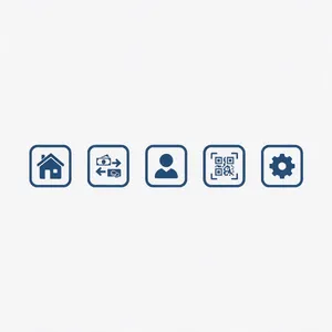 Set of 5 consistent flat design icons for a mobile banking app: 'Home', 'Transfer', 'Account', 'Scan QR', 'Settings'. Monochrome dark blue. - Bytedance Seedream 5.0 Pro