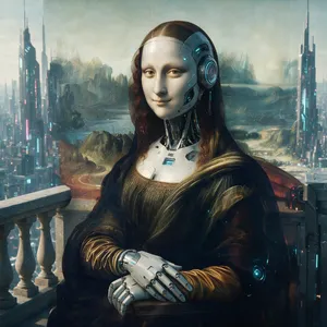 The Mona Lisa reimagined as a futuristic android, rendered in a digital art style that preserves Da Vinci's composition while incorporating sleek cyberpunk aesthetics and technological elements. - Bytedance Seedream 5.0 Pro