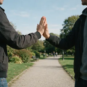 Two people high-fiving, with focus on their hands meeting mid-air. - Bytedance Seedream 5.0 Pro