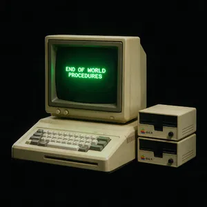Vintage Apple II computer with green monochrome CRT screen, displaying 'END OF WORLD PROCEDURES' in green text. Two external floppy drives stacked on the right, labeled disk II with rainbow Apple logos. Beige casing, black background, retro aesthetic. - Bytedance Seedream 5.0 Pro