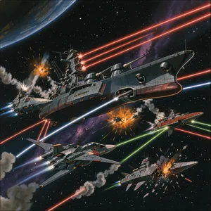 A 90s anime-style space battle scene with giant starships and laser beams. - Takumi Takumi 1.1