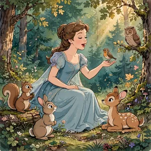 A classic Disney-like 2D cartoon princess singing with animals in a forest. - Takumi Takumi 1.1
