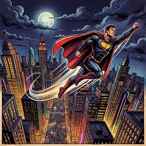 A comic-book style superhero flying over a city at night, with halftone shading. - Takumi Takumi 1.1