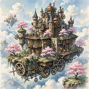 A floating steampunk castle in the sky with intricate mechanical gears and cherry blossom trees, illustrated in Hayao Miyazaki's Castle in the Sky (1986) art style with watercolor textures and detailed line work. - Takumi Takumi 1.1