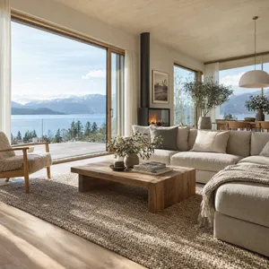 A photorealistic interior of a modern Scandinavian-style living room with natural light streaming through floor-to-ceiling windows. Show detailed wood textures, fabric materials, and proper light reflections. - Takumi Takumi 1.1