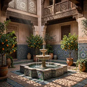 A traditional Moroccan riad courtyard with detailed zellige tilework, flowing fountain, citrus trees, and ornate woodwork. Morning light casting intricate shadow patterns. - Takumi Takumi 1.1