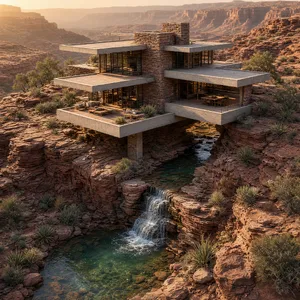 Aerial view of a modernist desert home, in the style of Frank Lloyd Wright's Fallingwater but adapted to desert conditions. Show integration with rocky landscape and water features. - Takumi Takumi 1.1