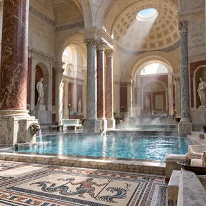 An ancient Roman bathhouse interior with accurate architectural details - marble columns, mosaic floors, arched ceilings, and steam rising from pools. Natural light from oculus openings. - Takumi Takumi 1.1