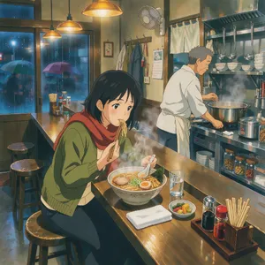 An anime scene of a character eating ramen at a small shop counter (slice-of-life style). - Takumi Takumi 1.1