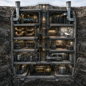 Cross-section rendering of a multi-level underground bunker with different functional areas, structural support systems, ventilation, and power generation facilities visible. - Takumi Takumi 1.1